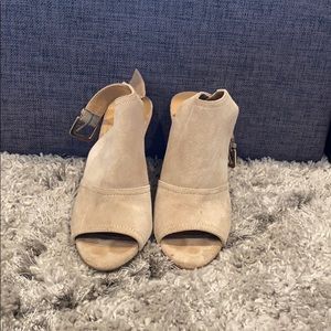 Beige Suede Peep Toe Wedges